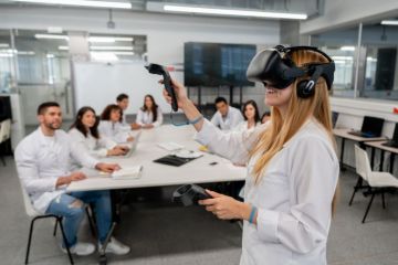 A student uses virtual reality headset in the classroom