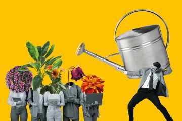 Montage of man holding oversized watering can over people with flowers instead of their heads to illustrate Is student success academia’s failure?