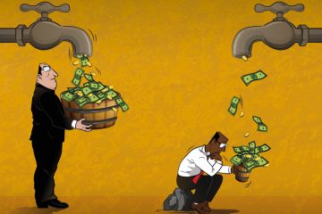 Illustration of two men catching different amounts of bank notes as they come out of taps Illustration of two men catching bank notes as they come out of taps, one man has more than the other to illustrate UK universities must act to close the ethnicity pay gap