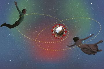 Couple flying with each in a yellow halo around them and a coronavirus with a University in the centre. Couple flying with each in a yellow halo around them and a coronavirus with a University in the centre.