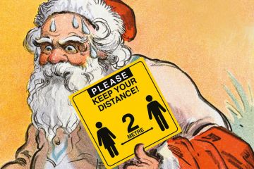 Santa sweating holding a sign reading, 'Please keep your distance!'