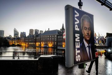 An election sign of Party for Freedom (PVV) leader Geert Wilder An election sign of Party for Freedom (PVV) leader Geert Wilder to illustrate ‘Little sympathy’ for universities in new Dutch parliament