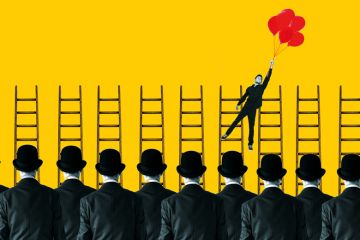 Concept of a businessman flying away from crowd with balloons Concept of a businessman flying away from crowd with balloons