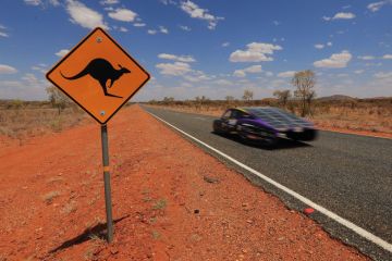 The Sunswift car 'Violet' from Australia passes a kangaroo sign to illustrate Oceania sets pace in sustainability race
