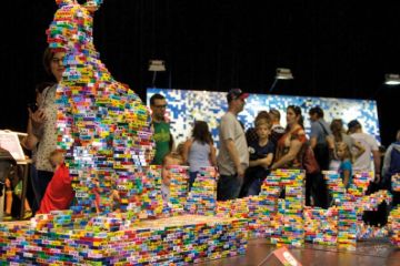 :Tourists viewing the lego brick sculptures with kangaroo at the Brickman Experience in Perth,Western Australia to illustrate Australian university launches block teaching how-to academy