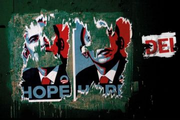 Torn poster of Barack Obama to illustrate what now for DEI in the US?