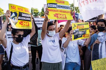  Protesters hold placards during the demonstration following the appointment of Melih Bulu as the Rector of Bogazici University with the decision of President of Turkey Recep Tayyip Erdogan as described in the article 