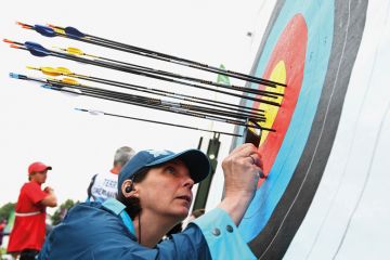 An official inspects the target during the Archery Ranking Round in London, England An official inspects the target during the Archery Ranking Round in London, England to illustrate UK R&D spend ‘should match countries that invest the most’