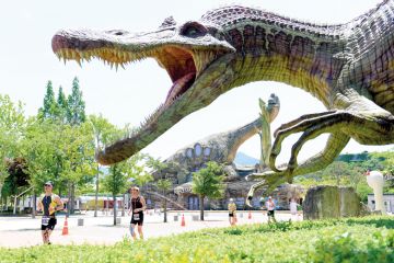 Competitors running the marathon with a giant Dinosaur in Dinosaur Expo Park in Goseong-gun, South Korea to illustrate Korean PhD overwork culture ‘getting worse’ as research cuts bite