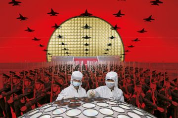 Montage of Chinese honour guards rehearse for the National Day parade in Beijing with two researchers in front and planes in the sky to illustrate ‘Chip wars’: can Asian universities fix tech skills shortage?