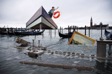 Montage of a person throwing a lifebuoy in Venice with painting and statues sinking in the water to illustrate Why my university is investing more than ever in arts and humanities