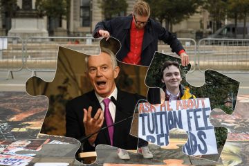 Montage of Christopher Spencer, poses with his latest artwork holding two puzzle pieces that has been edited to show one of Tony Blair and the other with a student holding a tuition fee sign at a University and College Union strike action Montage of man holding his artwork of two puzzle pieces that don't fit with an image of Tony Blair and the other with a student holding a banner about tuition fees as described in the article