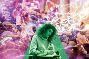 Montage of a female college student in green writing an exam during a class at lecture hall with abstract pattern over classmates behind her Montage of a female college student in green writing an exam during a class at lecture hall with abstract pattern over classmates behind her to illustrate How to support neurodivergent students