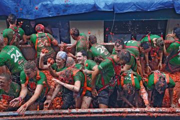 People in a truck throw overriped tomatoes to the street during the "Tomatina" annual food battle in the Spanish eastern town of Bunol to illustrate Admissions algorithm error causes ‘chaos’ for Spanish students