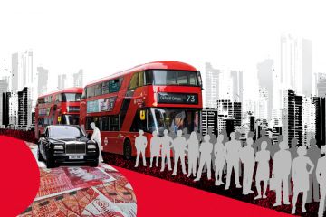 Montage people queuing for the bus with one person getting into a car Montage people queuing for the bus with one person getting into a car to illustrate Can collective pay bargaining survive in the UK?