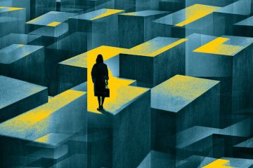 concept image of a woman standing in a maze of large confusing blocks. concept image of a woman standing in a maze of large confusing blocks.