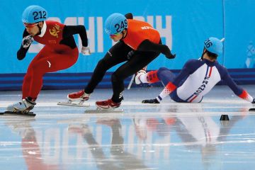 France's Sebastien Lepape falls as he competes in the Men's Short Track  to illustrate France‘s ‘unequal’ research system faces fresh scrutiny