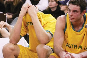 Andrew Bogut (C) of the Boomers looks dejected after the Boomers lose the Resi Mortgage Test Series match between the Australian Boomers and the New Zealand Tall Blacks at Vodafone Arena.
