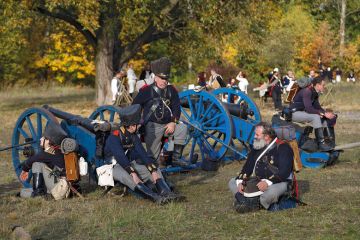 Members of historical clubs reenact the 1813 Battle of Leipzig during the Napoleonic War taking a break to illustrate Warning as Germany urged to revisit military research bar
