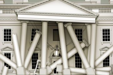 Concept of a building with columns, windows, and the basic structure falling down Concept of a building with columns, windows, and the basic structure falling down to illustrate Why UK universities are really going broke