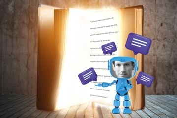 John Haag inside a robot and speech bubbles and an open book behind him Concept image of John Haag inside a robot and speech bubbles and an open book behind him to illustrate Why I turned myself into an AI chatbot
