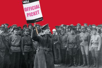 Concept of Leon Trotsky, a Russian leader of the Bolshevik Revolution holding a UCU banner to illustrate Trotskyist politics are driving perennial strikes