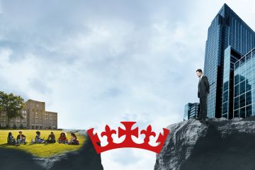 A montage featuring skyscraper buildings on one side and students on the other, connected by a crown-shaped bridge. A montage featuring skyscraper buildings on one side and students on the other, connected by a crown-shaped bridge to illustrate Labour must help strengthen links between business and UK HE