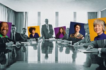 Montage of members of the board all turn to face the camera during a board meeting some have different diversity heads over them to illustrate In difficult times, v-cs and executives need more diverse boards to lean on