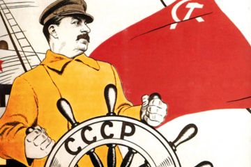 Soviet poster showing Stalin at the helm of the Russian ship of state to illustrate Russian universities in wartime are reverting  to Soviet settings