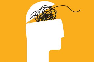 Illustration of a head open with tangled wires to illustrate ADHD