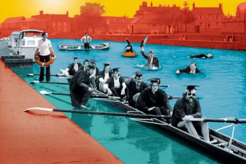 Graduates in rowing boat with people in suits in the water Graduates in rowing boat with people in suits in the water