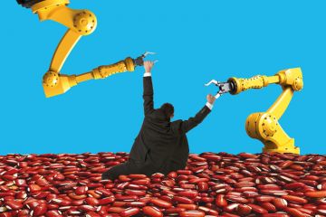 Montage image of a man holding onto robot arms Montage image of a man holding onto robot arms to illustrate Can AI free universities from the institutional bean-counting scourge?