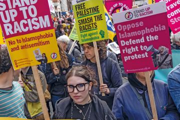 Anti-racism activists attend a Stop Islamophobia Stop The Hate rally outside the Home Office to illustrate Sunak ‘weaponising antisemitism’ over Gaza, Jewish scholars warn