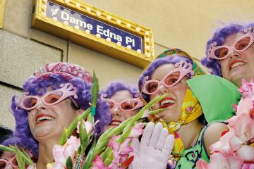 Four Dame Edna Everage look-alikes pose under the street sign as city laneway in Melbourne' to illustrate Enrolment caps risk monoculture in Australian HE, economist warns