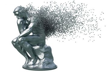 Disintegration Of Metal Sculpture Thinker On White Background forming from digital squares Disintegration Of Metal Sculpture Thinker On White Background. 3D Illustration. to illustrate Dimensions of change