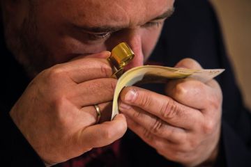 An employee examines with magnifier glass counterfeit 200 Euro bank note An employee examines with magnifier glass counterfeit 200 Euro bank note to illustrate Problems with bank checks drive student visa refusals