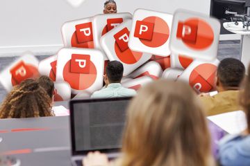 Montage: man lectures students in lecture theatre with Power Point logos falling in front of him Man lectures students in lecture theatre with Power Point logos falling in front of him to illustrate PowerPoint overuse will be the death of graduate employability