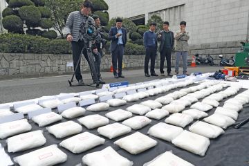 Seized bags of methamphetamine on display at the parking lot of the Seoul Metropolitan Police Agency Seized bags of methamphetamine on display at the parking lot of the Seoul Metropolitan Police Agency to illustrate Korean student drug ring highlights ‘dog-eat-dog’ culture