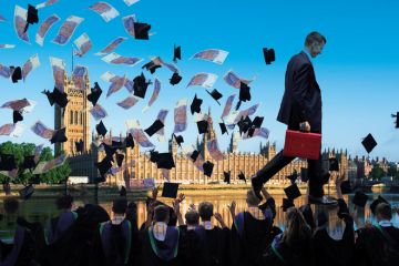 Montage of a The Houses of Parliament with Chancellor Jeremy Hunt holding the budget case and notes and graduation caps floating Montage of a The Houses of Parliament with Chancellor Jeremy Hunt holding THE budget case and notes and graduation caps floating to illustrate Does anyone know how much England’s HE system costs