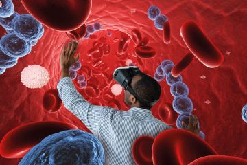 Montage of a person with a VR headset is looking at streptococcus in blood Montage of a person looking at streptococcus in blood to illustrate Immersive technology’s potential to transform education is enormous