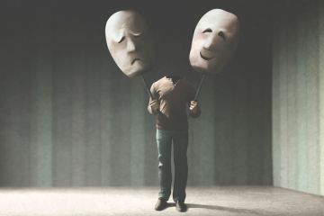 Illustration of a person without a head holding comedy masks Illustration of a person without a head holding comedy masks to illustrate Let’s not turn academia’s divine comedy into a tragedy