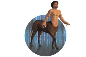 Concept of a  centaur walking on a data background to illustrate Centaurs and cyborg type of people