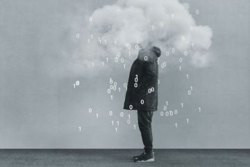 Casual young man with head in cloud and coding flowing out Casual young man with head in cloud and coding flowing out