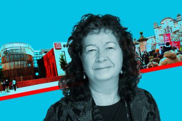 Wendy Larner, vice-chancellor of Cardiff University, with the campus and protests at Cardiff in the background.