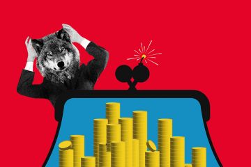 Purse full of gold coins with the clasp looking like a bomb, while a banker wolf holds its ears. To illustrate whether banking covenants are the big bad wolf of UK higher education.