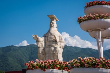 Xian, China - July 2019  Large and imposing sculpture of Chinese philosopher Confucius on the site of Terracotta Army Museum