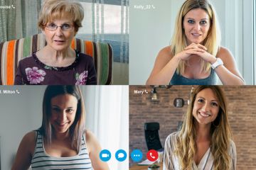Four women on a video call screen Four women on a video call screen