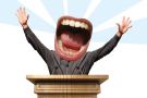 Huge mouth yelling from lecture podium Huge mouth yelling from lecture podium