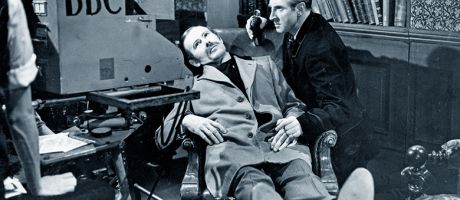 Actors Alan Wheatley and Raymond Francis in Sherlock Holmes, with a BBC camera. To illustrate that historians are unable to find material held at the BBC Written Archives Centre due to the suspension of vetting requests.