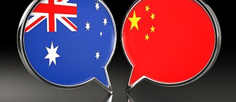 Speech bubble with Chinese and Australian flags, sybolising collaboration